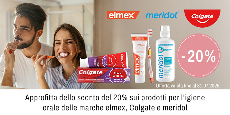 Approfitta dello sconto del 20 sui prodotti per l igiene orale delle marche elmex Colgate e meridol