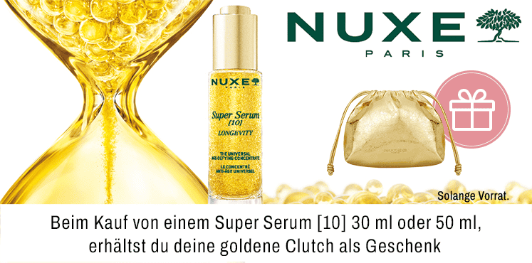 Beim Kauf von einem Super Serum 10 oder 50ml erhältst du deine goldene Clutsch als Geschenk