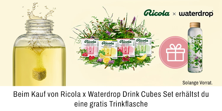 Beim Kauf von Ricola und Waterdrop Drink Cubes Set erhältst du eine gratis Trinkflasche