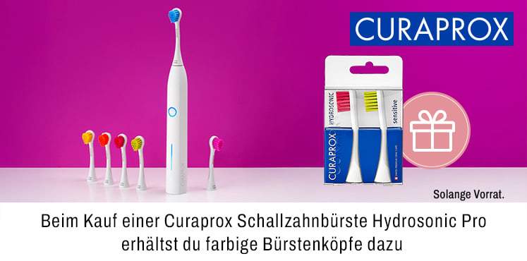 Beim Kauf einer Curaprox Schallzahnbürste Hydrosonic Pro erhältst du farbige Bürstenköpfe dazu