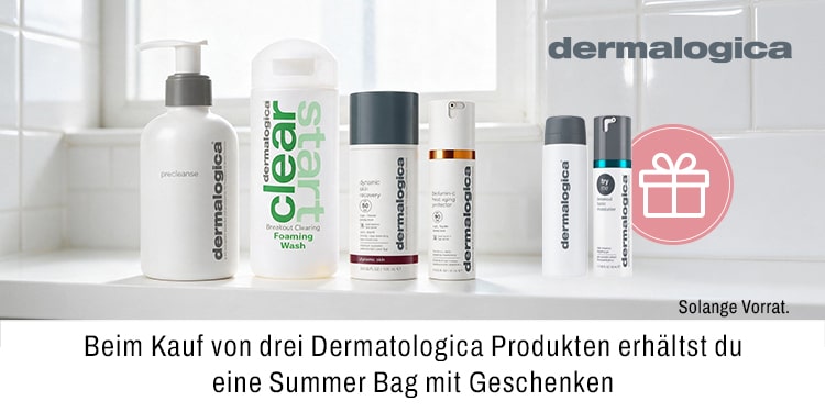 Beim Kauf von drei Dermatologica Produkten erhältst du eine Summer Bag mit Geschenken