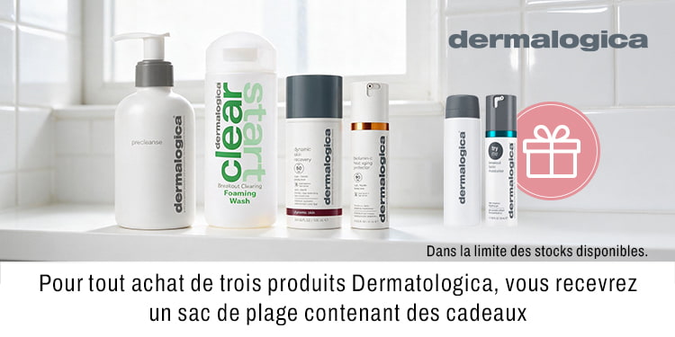 Pour tout achat de trois produits Dermatologica, vous revecrez un sac de plage contenant des cadeaux