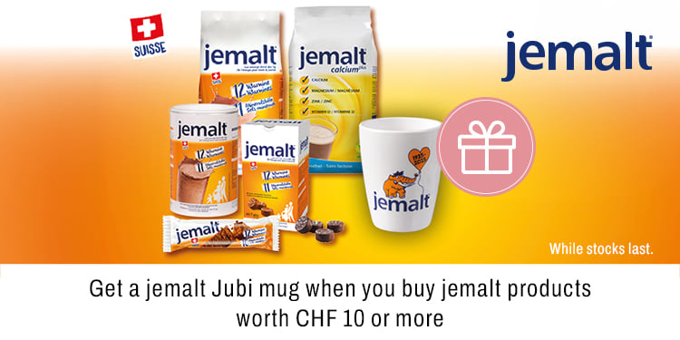Get a jemalt Jubi mug when you buy jemalt products worth CHF 10 or more