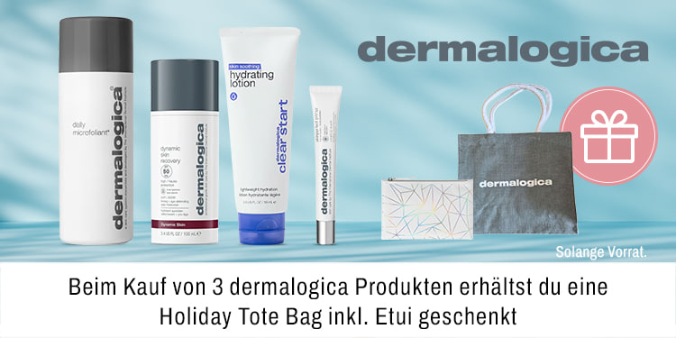 Beim Kauf von drei dermalogica Produkten erhältst du eine Holiday tote Bag inkl Etui geschenkt