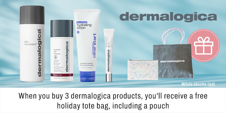 When you buy 3 Dermalogica products, you\'ll receive a free holiday tote bag with a pouch