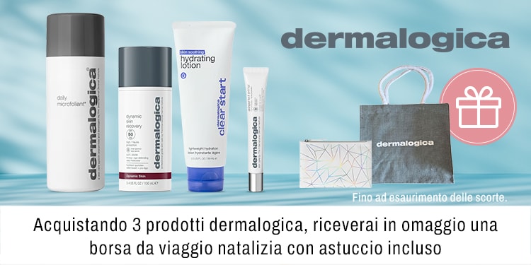 Acquistando 3 prodotti Dermalogica, riceverete in omaggio una borsa da viaggio a tema natalizio completa di beauty case