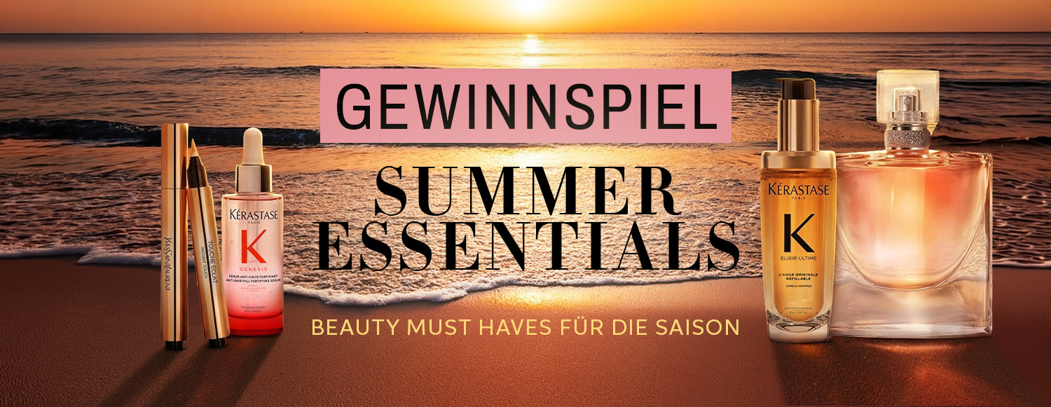 Kérastase Sommer-Haarpflege am Strand bei Sonnenuntergang. Luxuriöse Haircare-Produkte für gepflegtes, glänzendes Haar im Sommer.