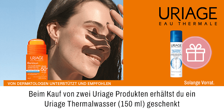 Beim Kauf von zwei Uriage Produkten erhähltst du ein Uriage Thermalwasser geschenkt