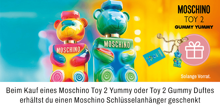 Beim Kauf eines Moschino toy 2 yummy oder toy 2 gummy duftes erhaeltst du einen moschino schluesselanhaenger geschenkt