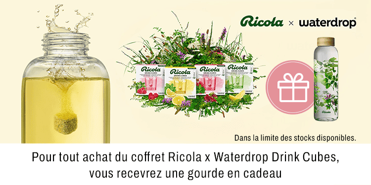 Pour tout achat du coffret Ricola x Waterdrop Drink Cubes, tu recevras une gourde gratuite
