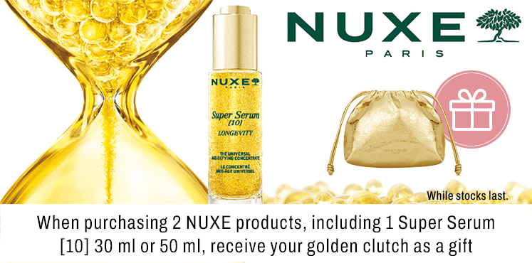 When purchasind two Nuxe products inclusing one super serum 10 30ml or 50ml receive your golden clutch as a gift