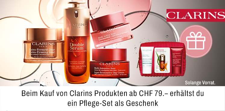 Beim Kauf von Clarins Produkten ab CHF 79.- erhältst du ein Pflege-Set als Geschenk