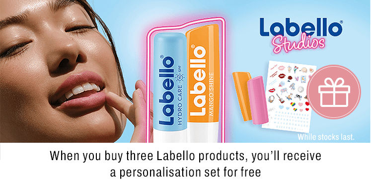 When you buy three Labello products youll receive a personalisation set for free