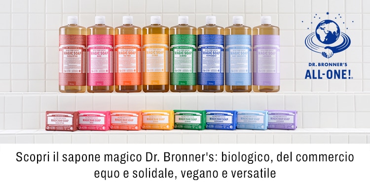 Scopri il sapone magico Dr Bronners biologicio del commercio quo e solidale vegano e versatile