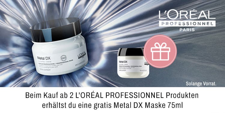 Beim Kauf ab zwei L Oreal Professionnel Produkten erhältst du eine gratis Metal DX Maske 75ml