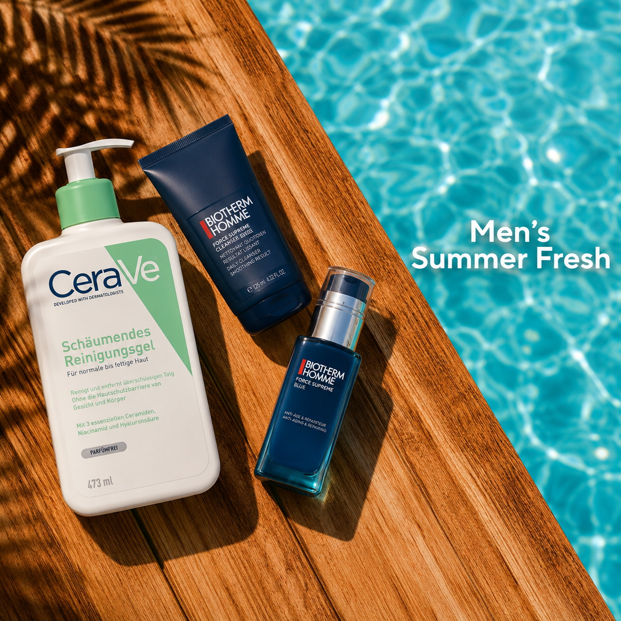 CeraVe und Biotherm Homme Pflegeprodukte am Pool für frische und gepflegte Haut im Sommer.