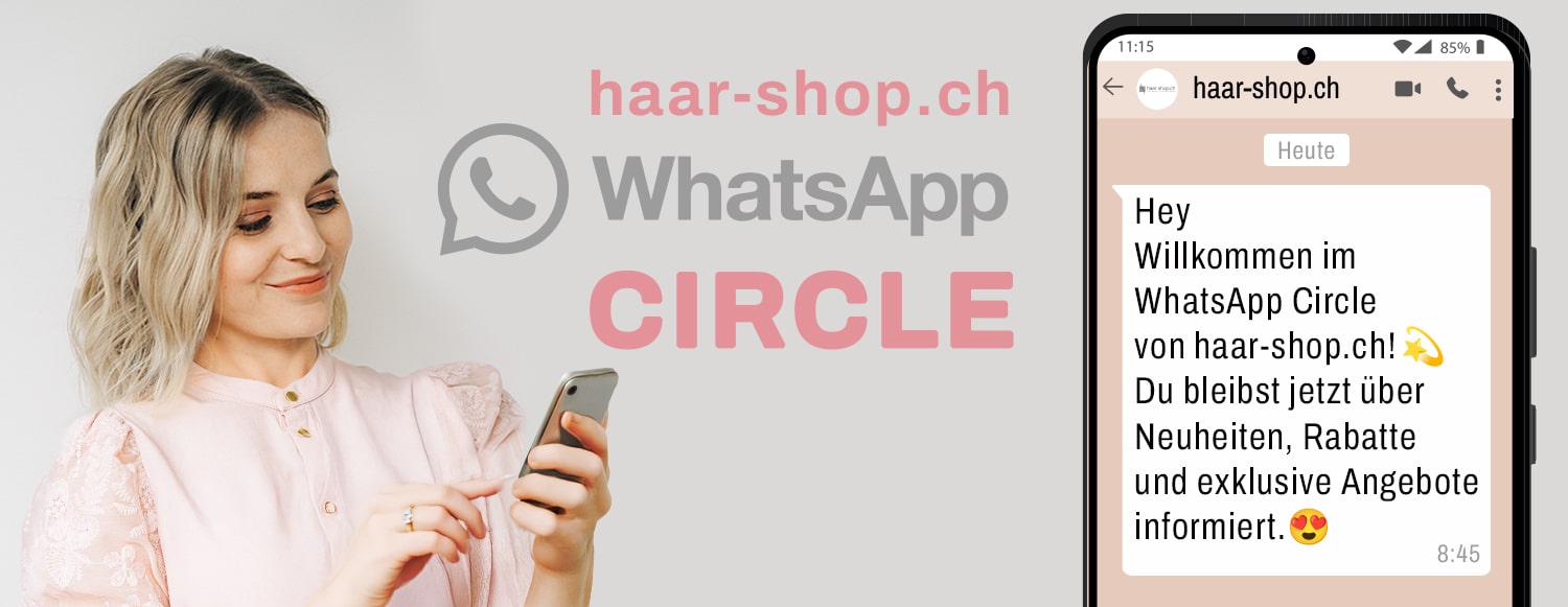 haar-shop Model hält Smartphone in den Händen und liest eine Nachricht zum WhatsApp Circle