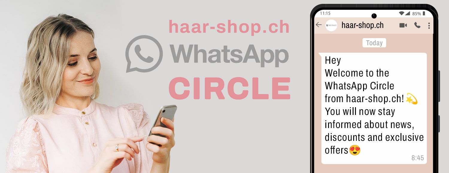haar-shop model holding a smartphone in her hands and reading WhatsApp Circle message