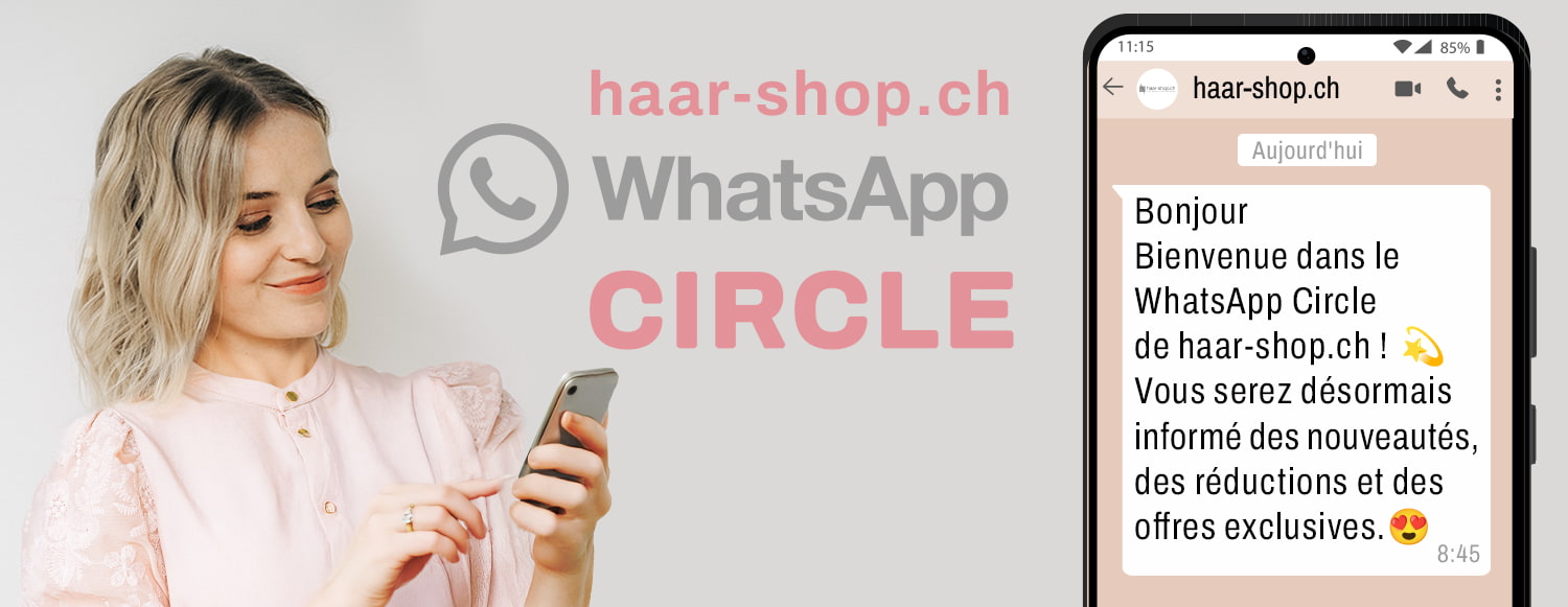 mannequin de haar-shop tenant un smartphone dans ses mains et lisant un message WhatsApp Circle