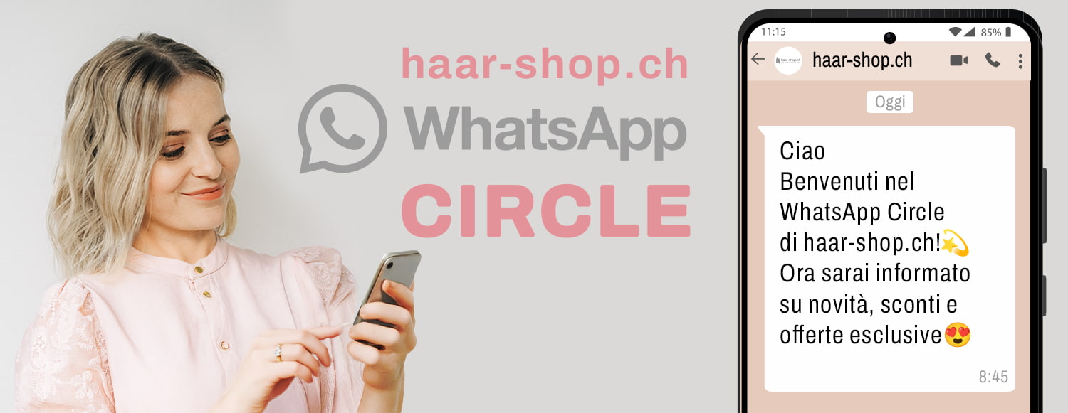 modella di haar-shop che tiene in mano uno smartphone e legge un messaggio WhatsApp Circle