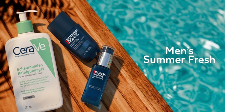 CeraVe und Biotherm Homme Pflegeprodukte am Pool für frische und gepflegte Haut im Sommer.