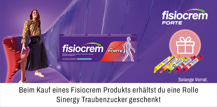 Beim Kauf eines Fisiocrem Produkts erhältst du eine Rolle Sinergy Traubenzucker geschenkt