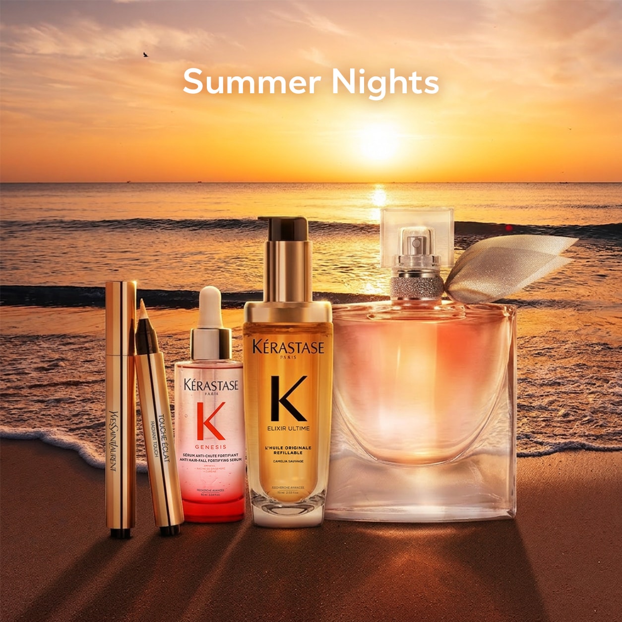 Kérastase Sommer-Beauty-Produkte am Strand bei Sonnenuntergang für glänzendes Haar und luxuriöse Summer Nights.