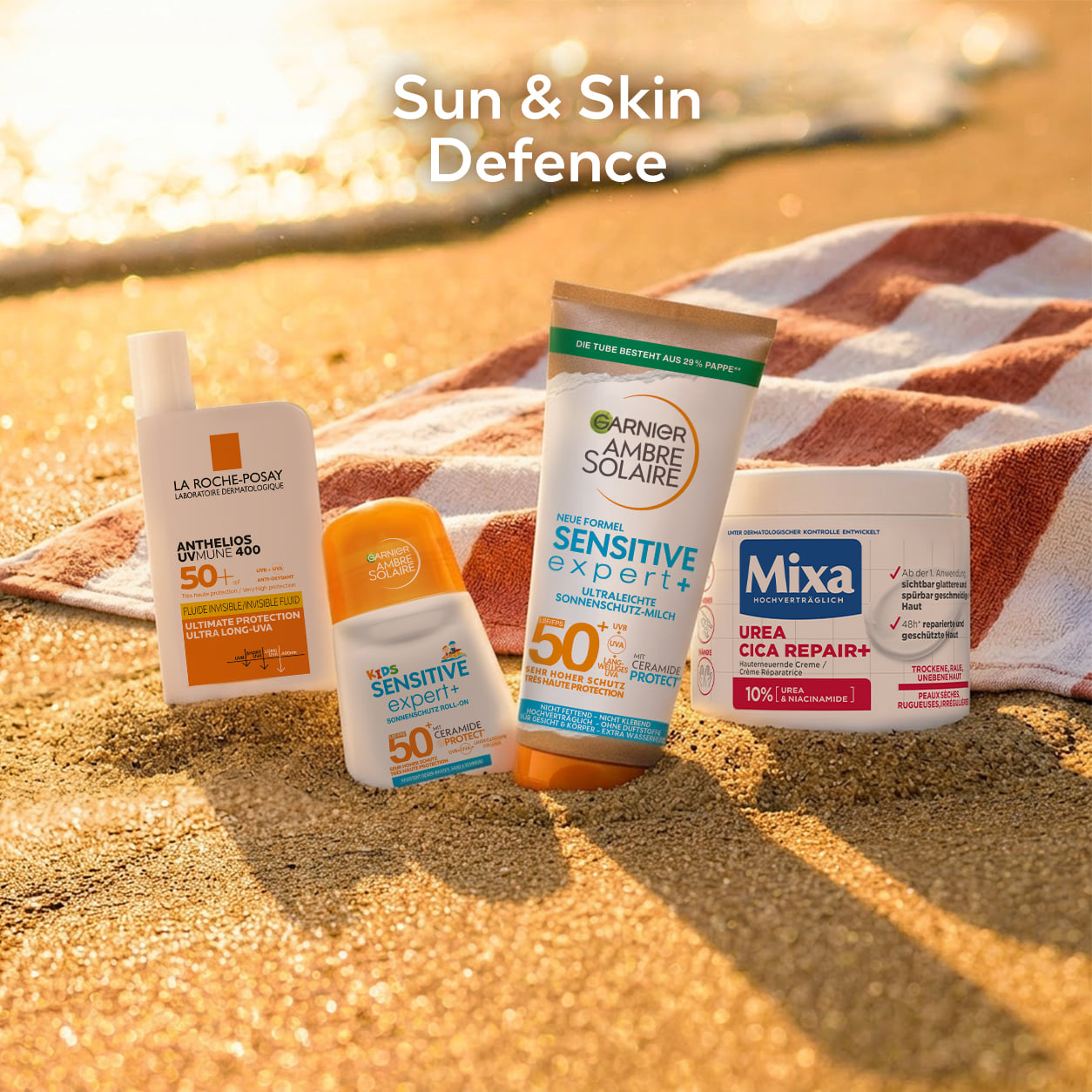 Kérastase Sommer-Beauty-Produkte am Strand bei Sonnenuntergang für glänzendes Haar und luxuriöse Summer Nights.