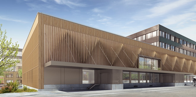 New building project hair store with wooden facade