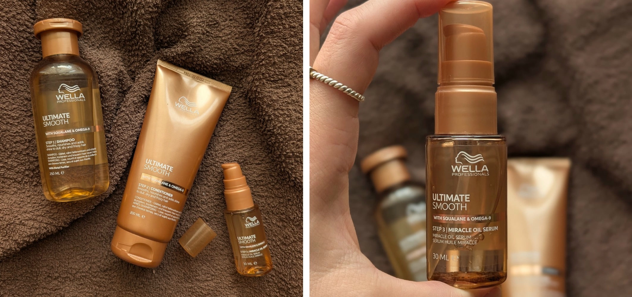 links: ultimate smooth produkte auf braunem hintergrund, recht: miracle oil serum in den haenden vor ultimate smooth produkten