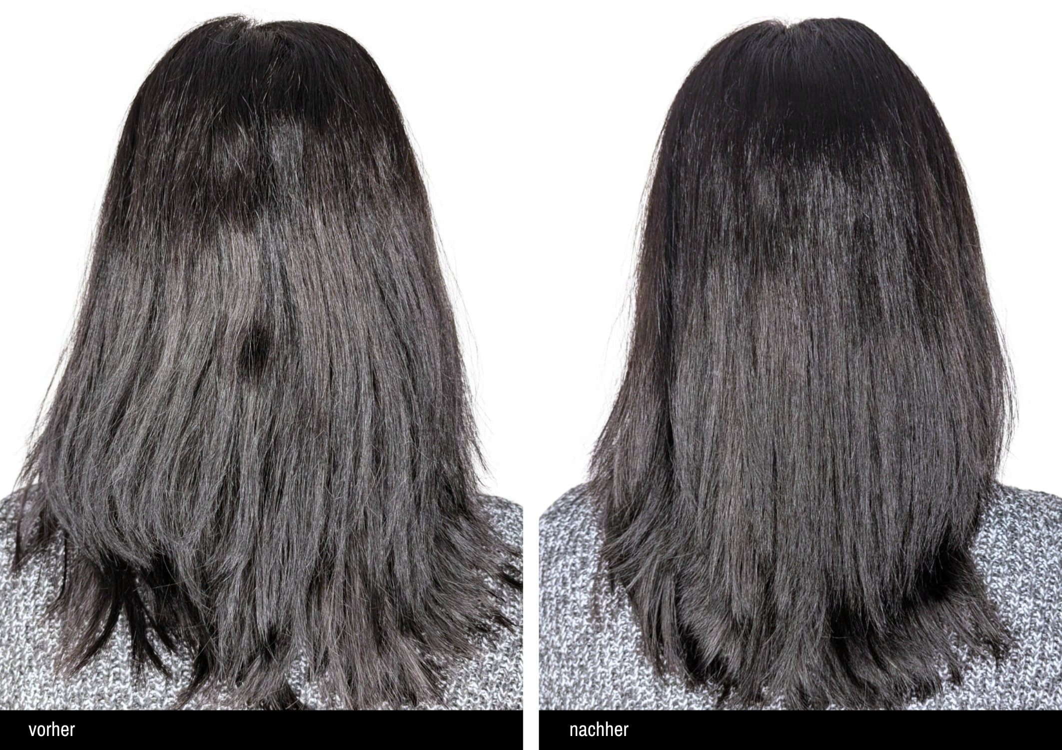 links: vorher bild dunkle spröde haare, recht: nachher bild dunkle glänzende und glatte haare von hinten