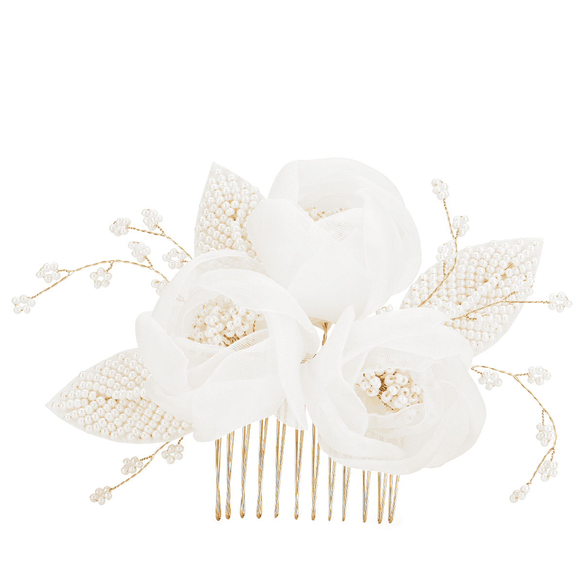 Hair comb in delicate gold with fabric flowers and beaded leaves