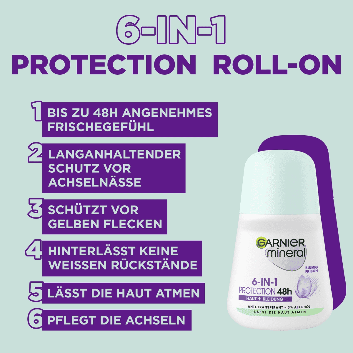 6-in-1 Protection 48h Roll-On Anti-Transpirant Haut & Kleidung