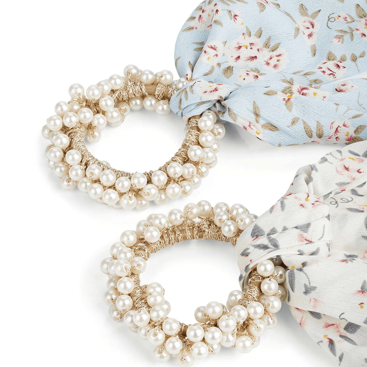 Beaded scrunchie with ribbon, light blue and white, 2 pieces