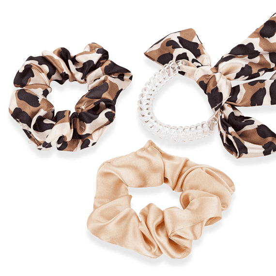 Twisted elastic with ribbon and a double-pack of scrunchies, plain and in leopard print, black-brown