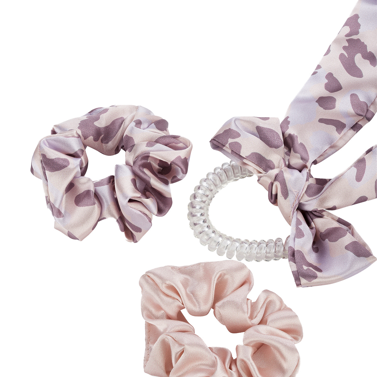 Twisted elastic with ribbon and a double-pack of scrunchies, plain and in leopard print, purple