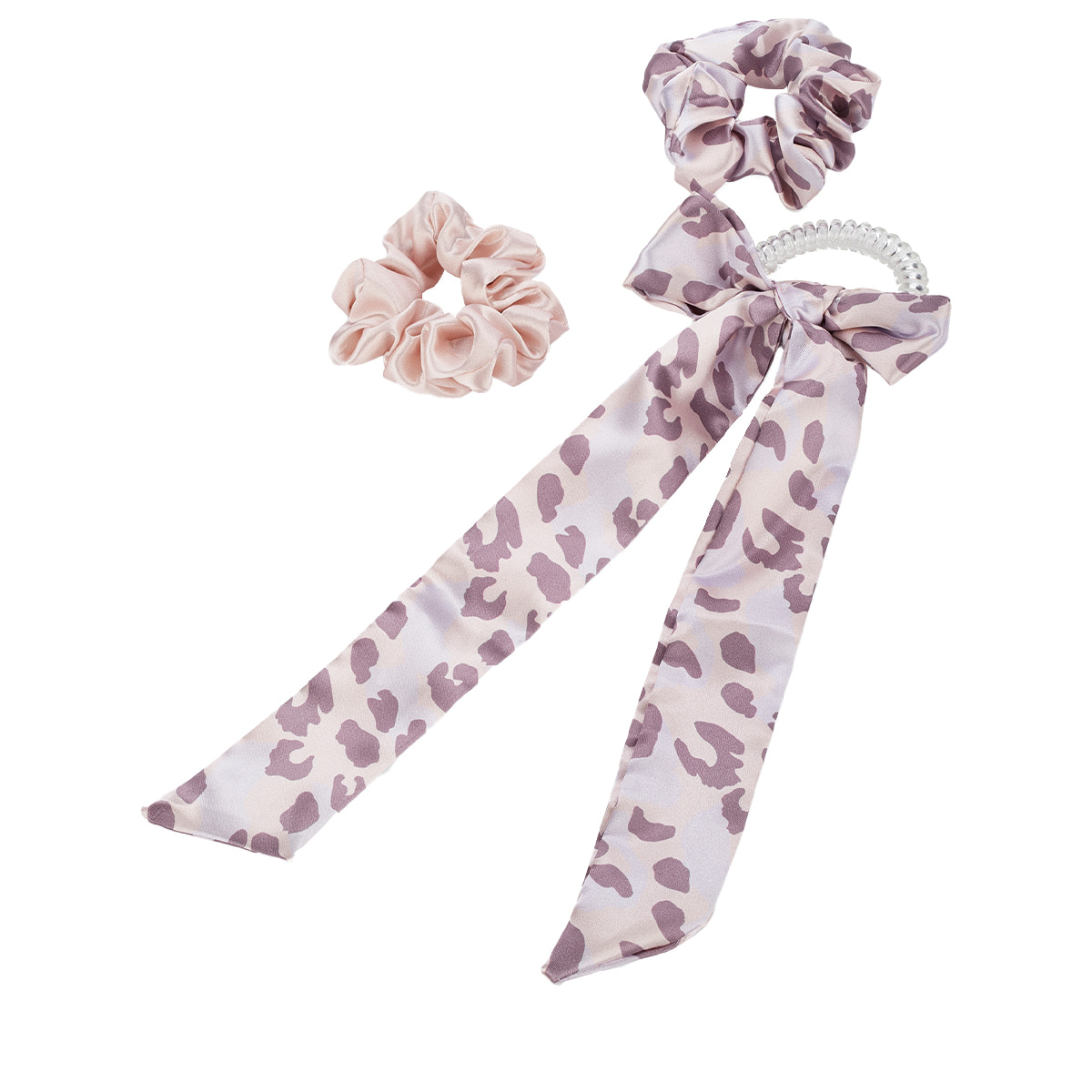 Twisted elastic with ribbon and a double-pack of scrunchies, plain and in leopard print, purple