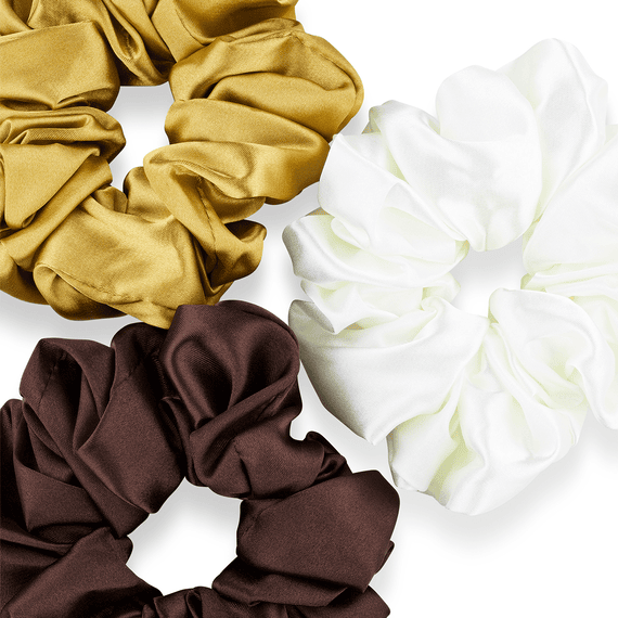 Satin Scrunchies en blanc cassé, camel et marron foncé, triopack
