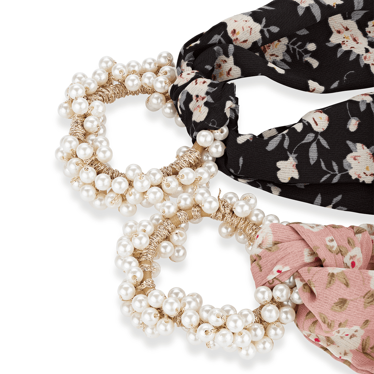 Beaded scrunchie with ribbon, dusty rose and black, 2 pieces