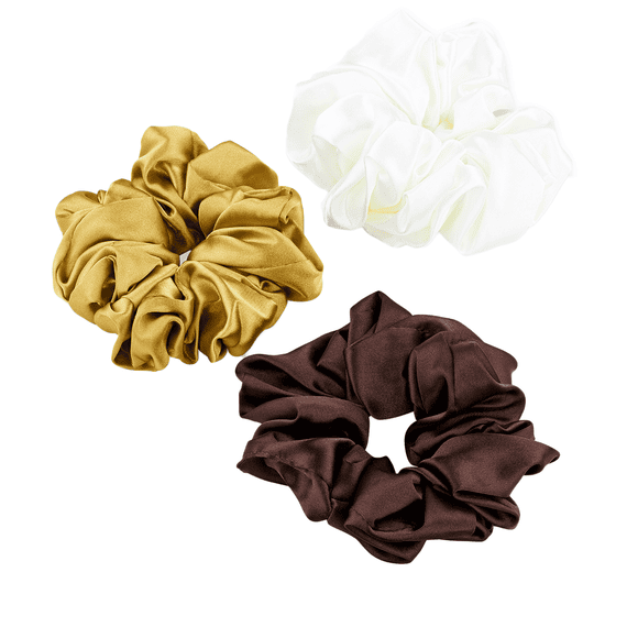 Satin Scrunchies en blanc cassé, camel et marron foncé, triopack