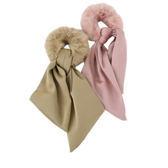 Fausse Fourrure Scrunchie avec Noeud en Satin - rose et beige