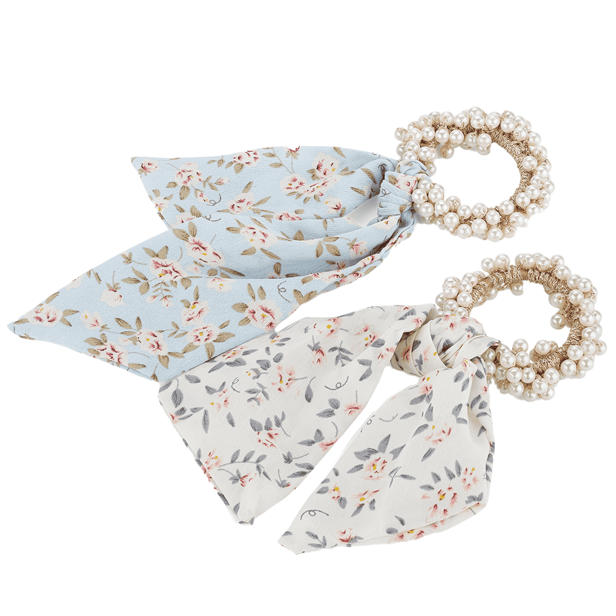Beaded scrunchie with ribbon, light blue and white, 2 pieces