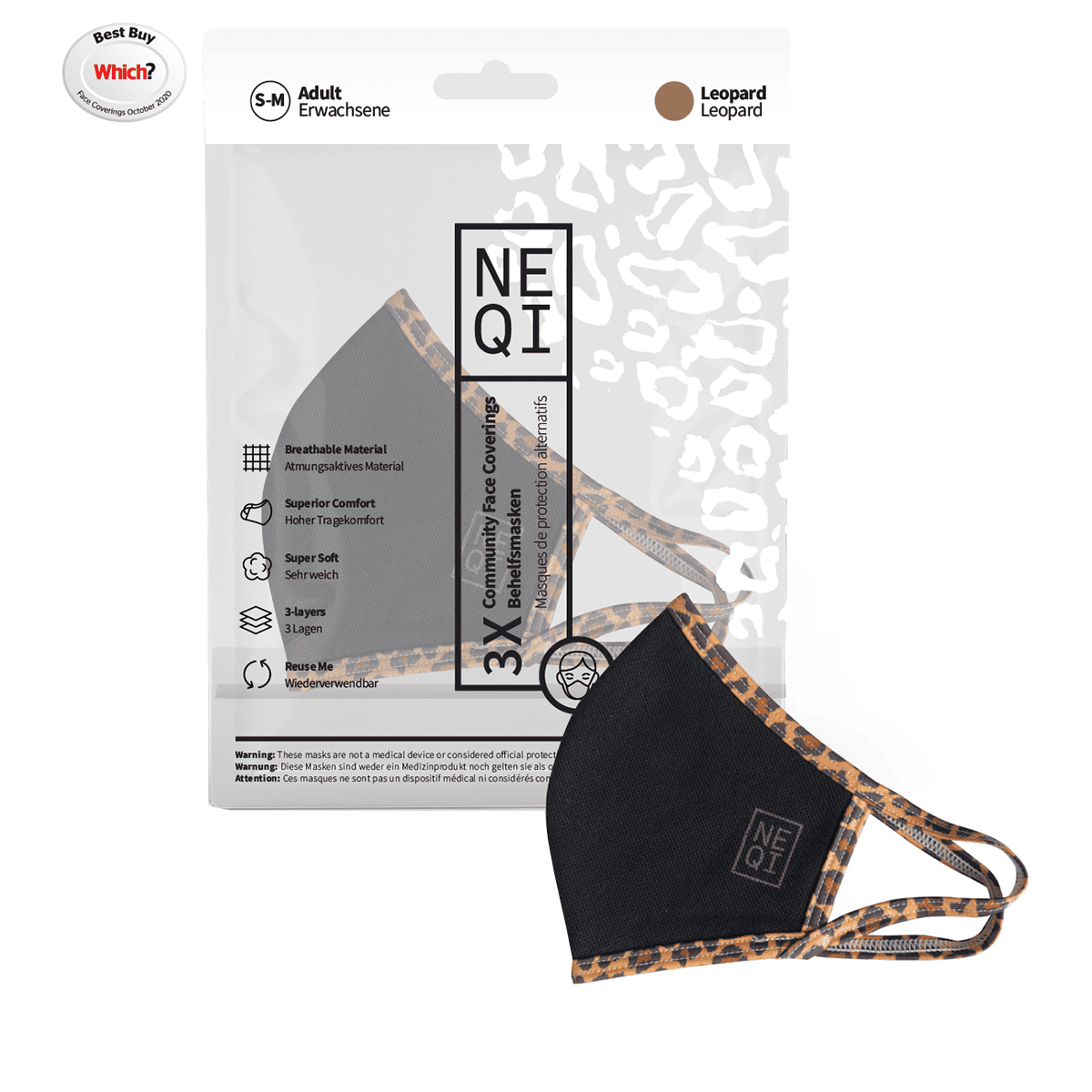 3er Set Stoffmasken Leopard S-M
