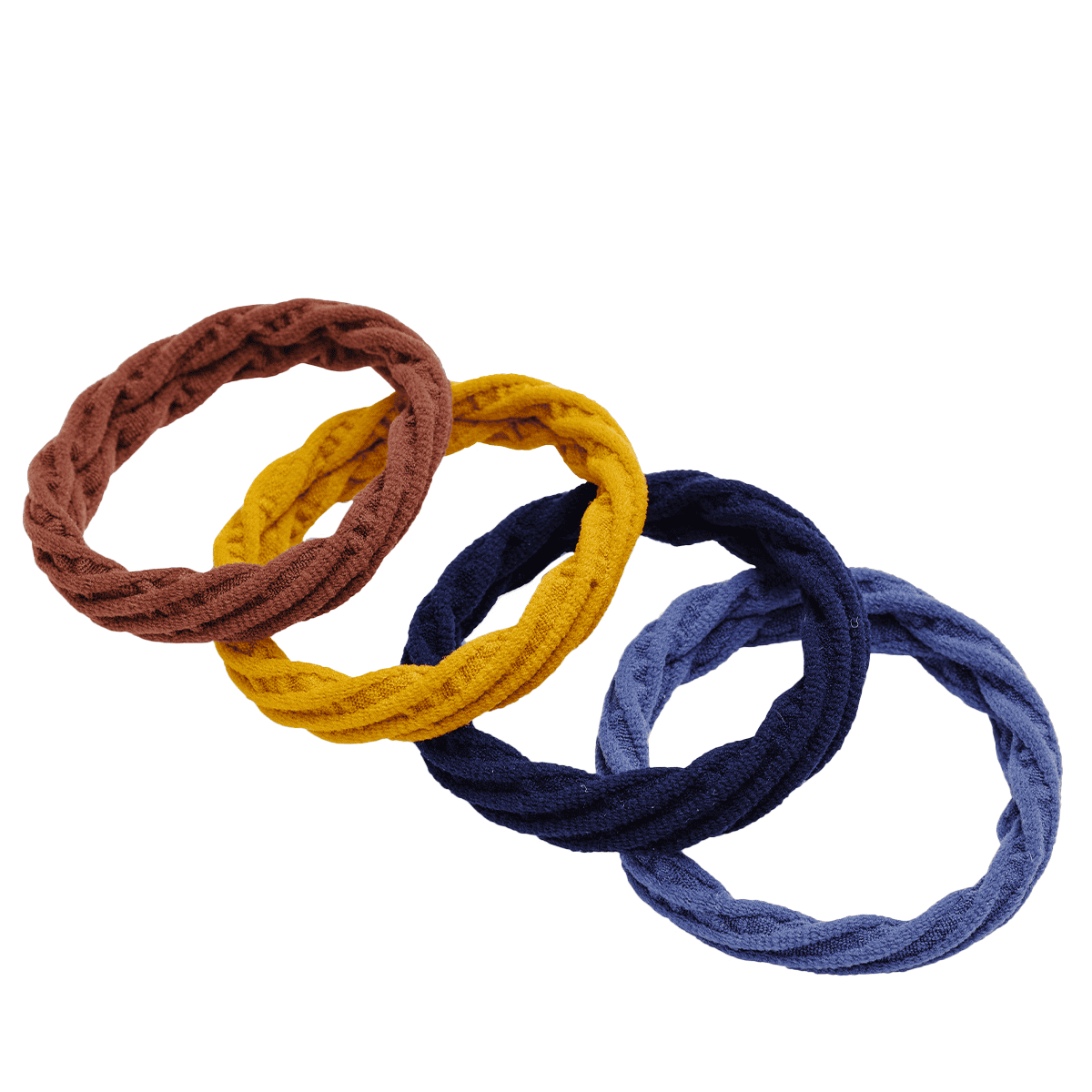 Elastico per capelli Yoga morbido strutturato 4 pezzi, curry, blu jeans, blu navy, marrone