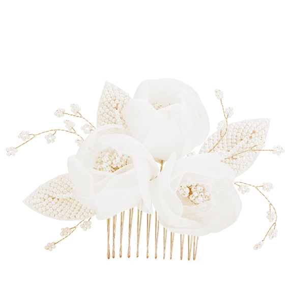 Hair comb in delicate gold with fabric flowers and beaded leaves