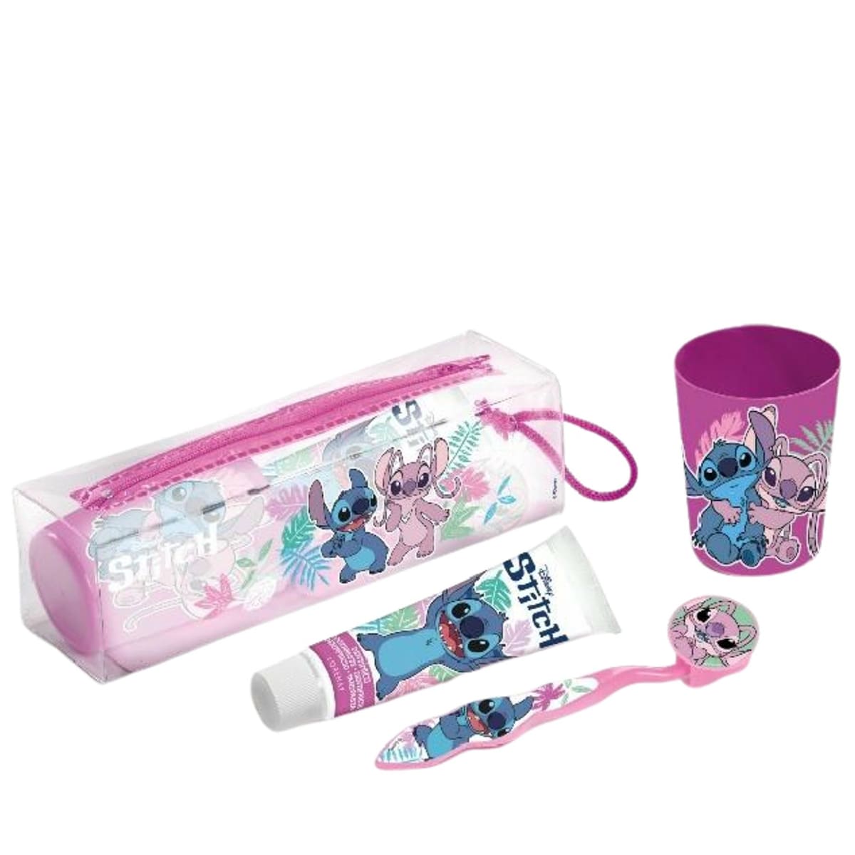 Beauty case dentale: spazzolino, dentifricio e bicchiere