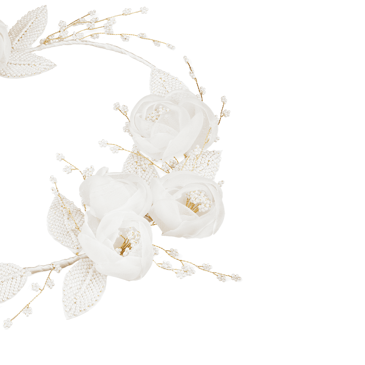 lush hair wreath with white fabric flowers andpearls, pearl leaves