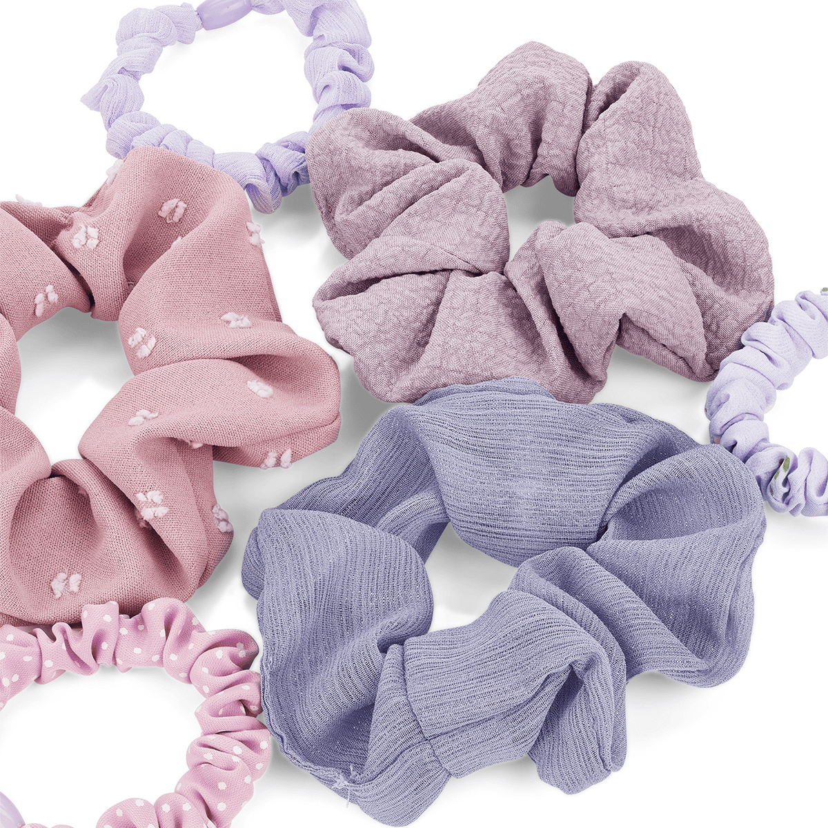 Scrunchie with print, blue and purple, 6 pieces