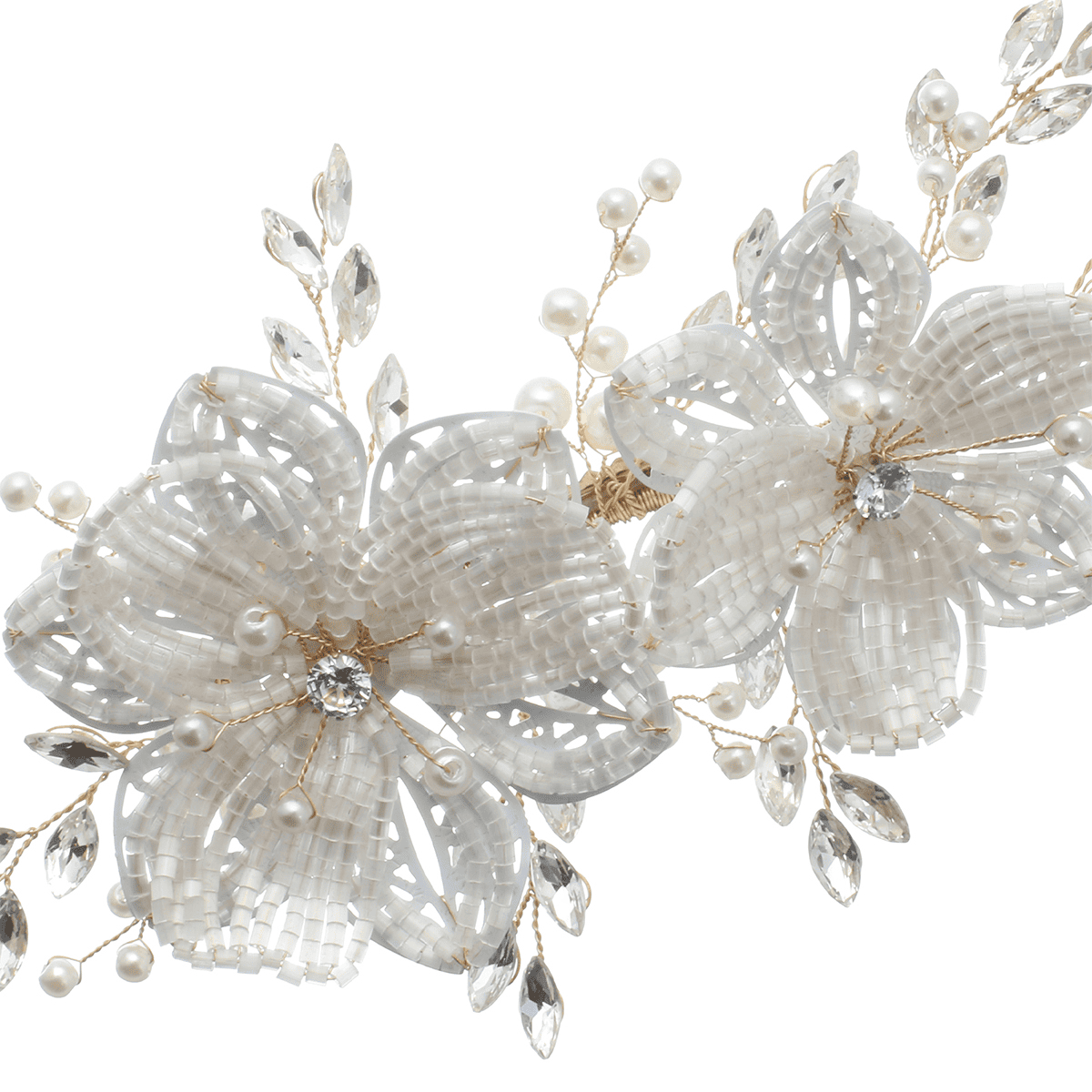 Hair clip with flowers, stones and white pearls, gold