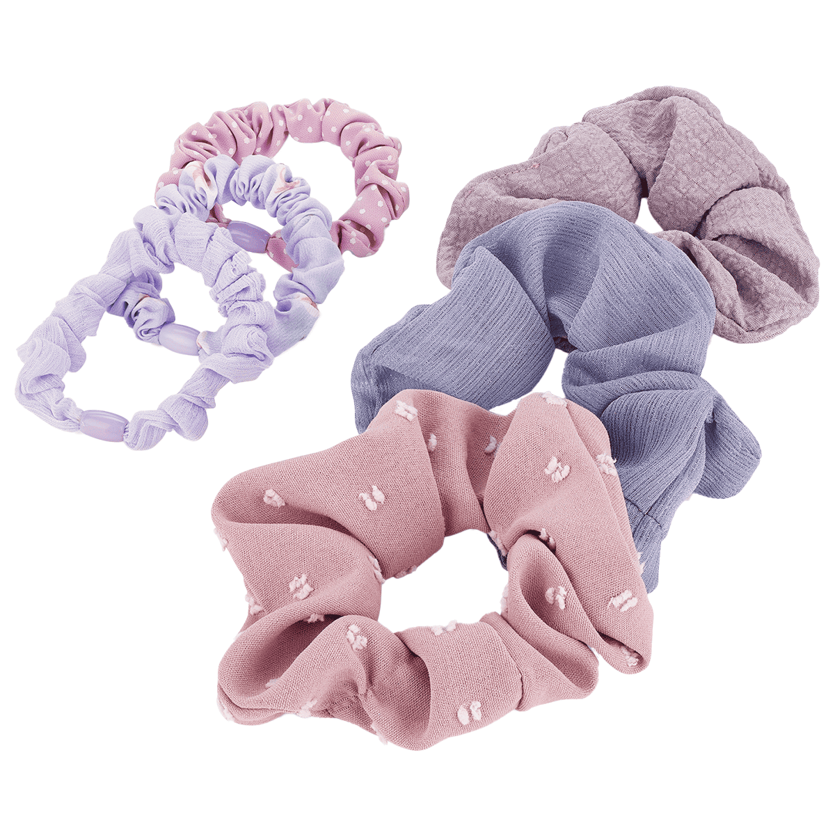 Scrunchie with print, blue and purple, 6 pieces